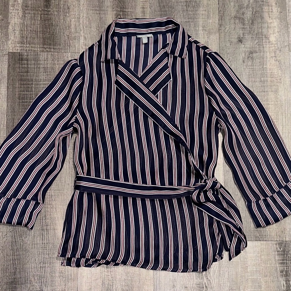 New Women’s Size XS Blue, White, & Pink Striped Sheer Wrap Blouse